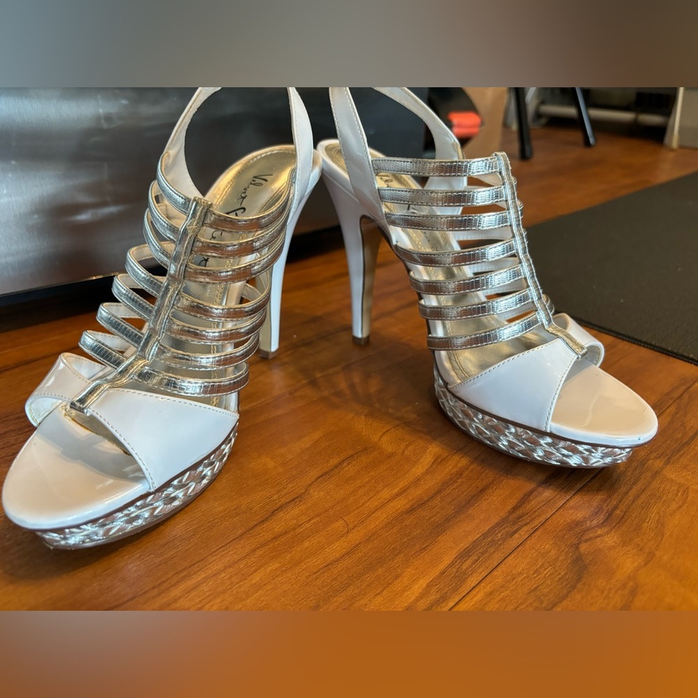 White patent and silver sandals. Size 8.5.